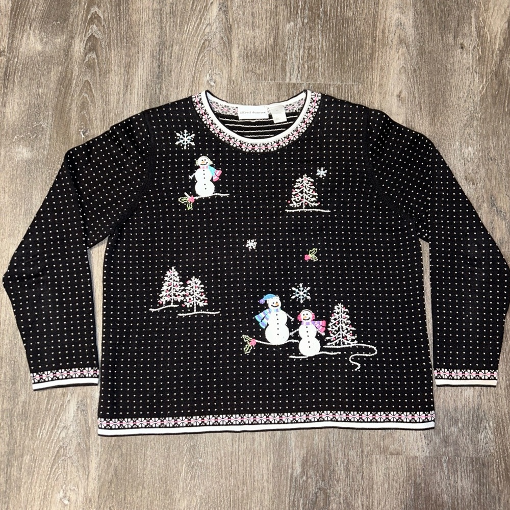 ALFRED DUNNER Black & White Polka Dot Sweater & SNOWMAN Christmas Womens X Large
